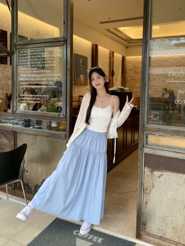 Real shot of forest-style high-waisted blue A-line skirt for women in spring and summer slimming and temperament long skirt cardigan suit