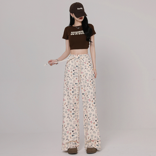 Actual shot of new spring high-waisted drawstring bleating puppy print loose lazy casual pants