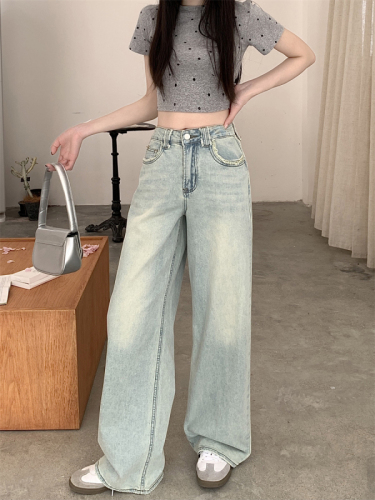 Real shot ~ American light-colored retro raw edge design high-waisted loose wide-leg jeans
