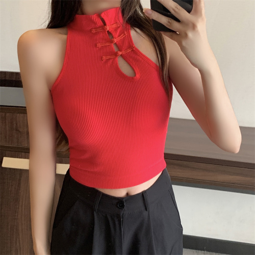 Actual shot of spring and summer new Chinese style disc buckle exposed navel and shoulders slimming pullover halterneck camisole