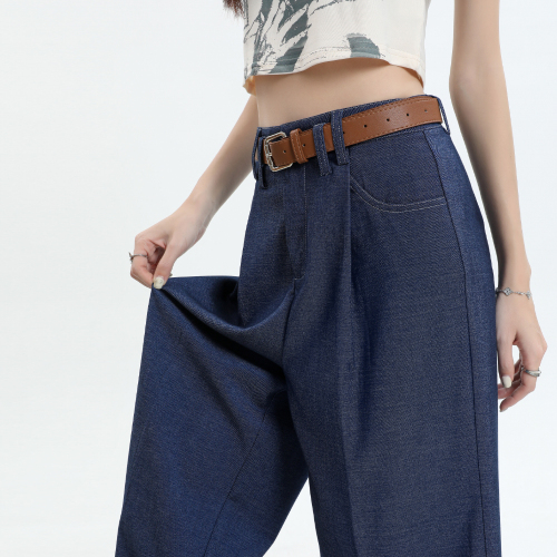 Real shot of Tencel jeans for women, summer thin, spring and autumn, tall, high-waisted, dark blue straight-leg ice silk wide-leg pants