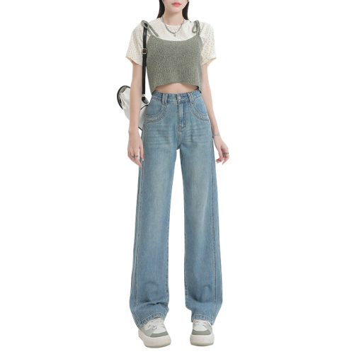 Actual shot of new spring wide-leg jeans, loose, high-waisted, versatile floor-length pants, slim straight-leg long pants