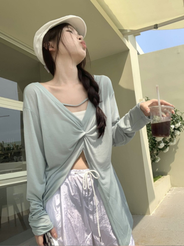 Two-wear kink design niche long-sleeved pink sun protection cover-up T-shirt women's summer thin loose slit top