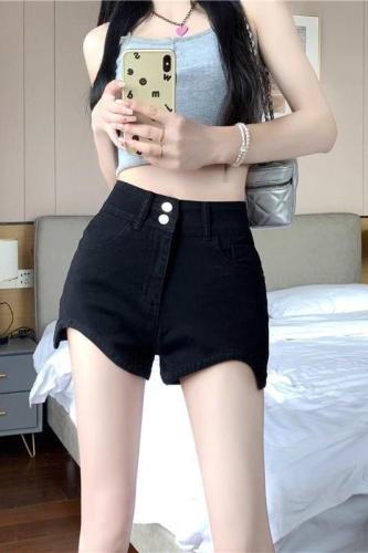 Hong Kong style super shorts hot pants Korean version solid color fat mm high waist slim high elastic large size trendy denim shorts for women