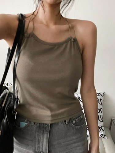 Actual shot of new summer wear artifact halter neck sleeveless slim short camisole top for women