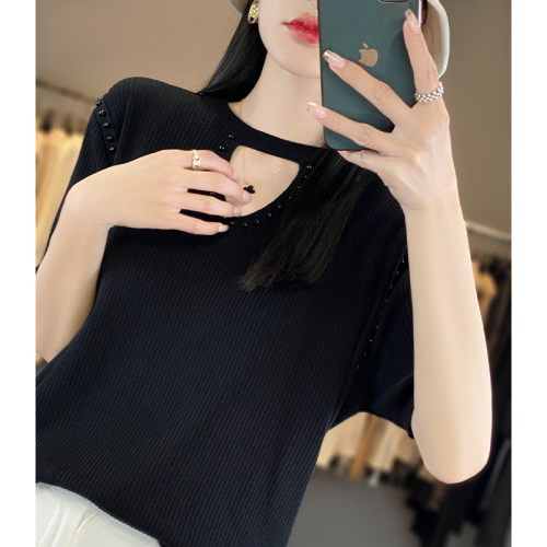 Real shot!  !  There’s a big picture!  2024 spring and summer new style sweater heavy industry beading pit strip short-sleeved t-shirt for women