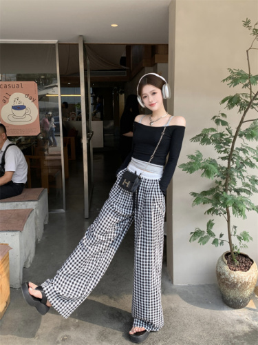 Real shot of black sweet and spicy sun protection shirt + plaid wide-leg pants three-piece set