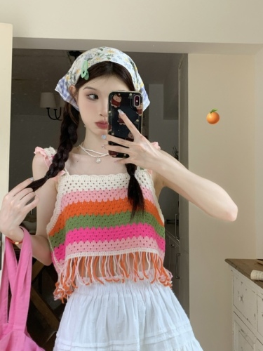 Real shot of rainbow striped knitted crochet hollow design short hot girl back sleeveless top