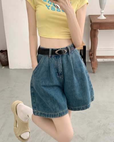 Real shot of denim shorts for women 2024 summer new retro design blue casual high-waisted wide-leg pants