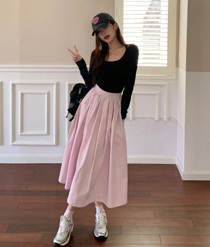 Actual shot of 2024 summer new style sweet pink large hem A-line pleated long skirt for women