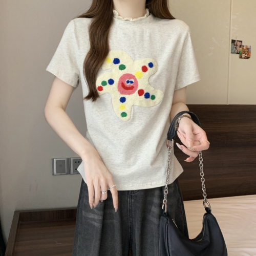 Actual shot of 2024 summer 40-count pure cotton towel embroidered lace splicing short-sleeved T-shirt for women fake two pieces