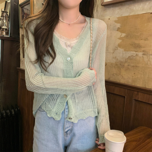 Real shot Summer Korean style loose v-neck hollow imitation linen sunscreen long-sleeved knitted cardigan top for women's outer wear