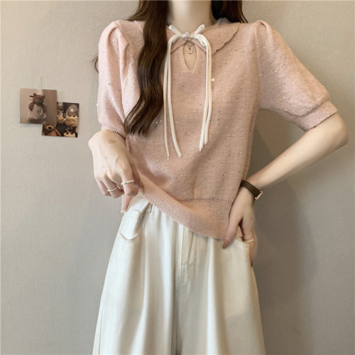 Actual shot of 2024 new Chinese style disc buckle glitter knitted puff sleeve short-sleeved T-shirt spring and summer new slimming top