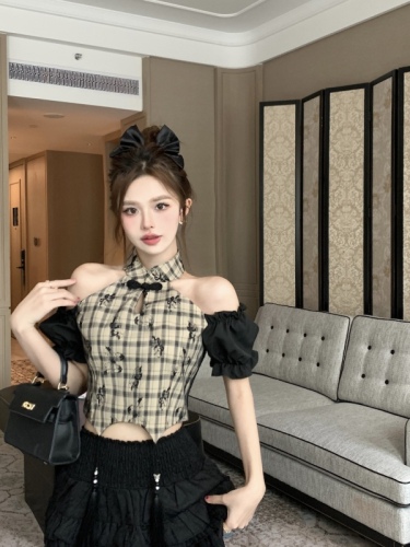 Actual shot of new Chinese style pure lust style butterfly print plaid splicing short-sleeved shirt top