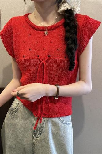 Real shot of simple, sweet and cute lace-up hollow flying sleeves loose pullover short sweater top