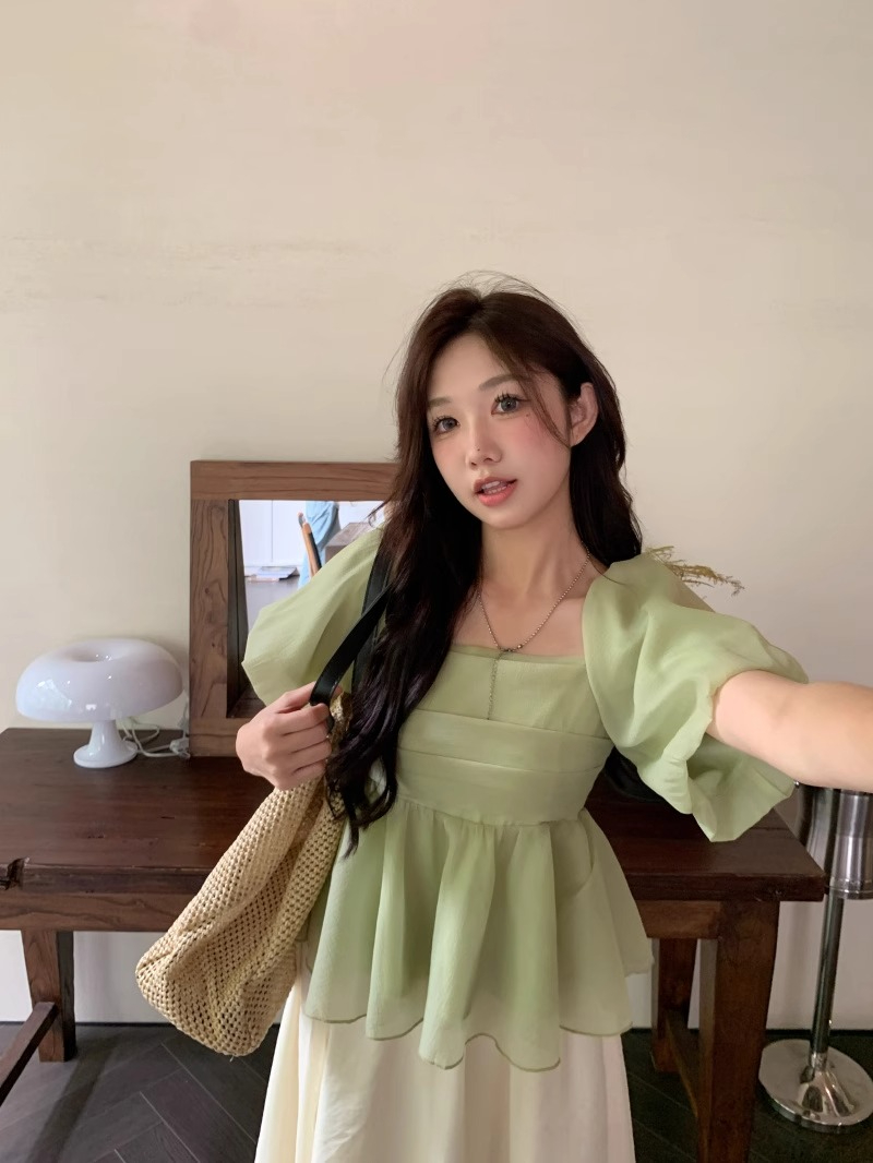 甜美方領杏色雪紡衫女夏裝裹胸褶皺泡泡袖上衣收腰顯瘦短款打底衫