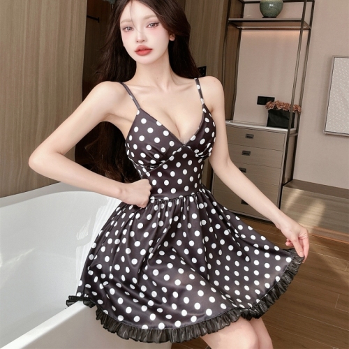 Real shot of sexy polka-dot print big swing suspender bottoming waist dress