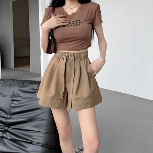 Real shot of twill silk elastic high waisted wide leg pants for women summer loose slimming casual shorts