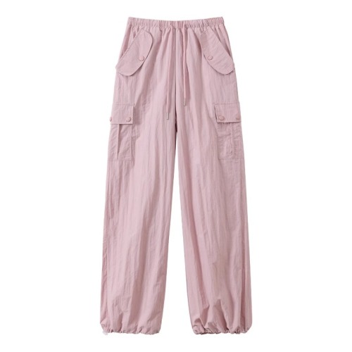 粉色工装裤女夏季薄款高腰直筒美式2024新款小个子休闲运动阔腿裤