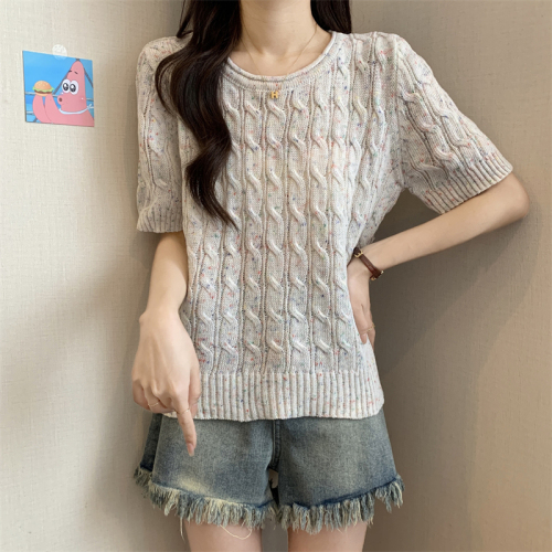 Actual shot of the new Korean style curled round neck colorful twist high-end knitted short-sleeved T-shirt top for women