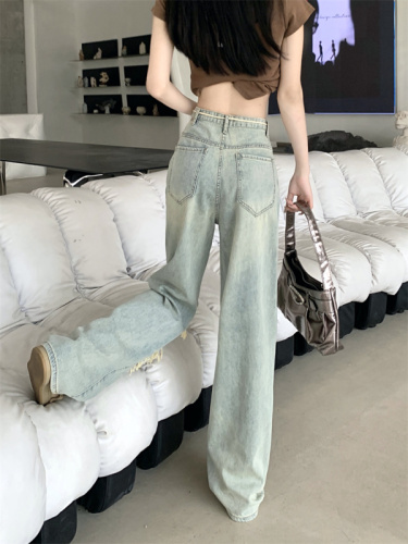 Actual shot of Korean-style temperament washed wide-leg jeans for women spring 2024 new design chic floor-length long pants