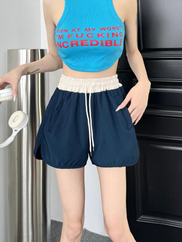 Real shot of high quality twill loose women's shorts summer new wide leg pants color matching hot pants casual pants