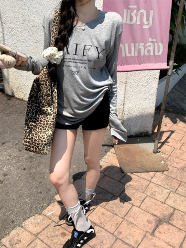Real shot Korean style letter printed pullover T-shirt sun protection clothing for women spring and summer loose long-sleeved thin top