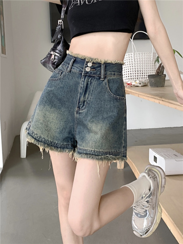 Real shot~New high-waisted slimming retro washed distressed design raw edge wide-leg denim shorts