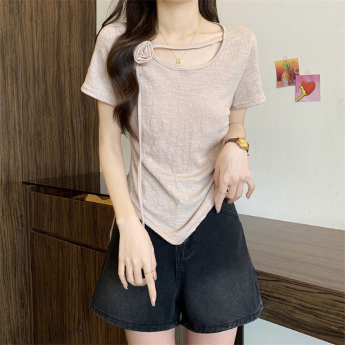 Actual shot ~ New pure desire French design short T-shirt for women three-dimensional rose drawstring waist short-sleeved top