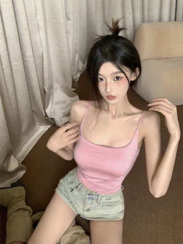 Real shot of sexy hot girl camisole summer slimming short style inner wear with breast pad pink outer wear