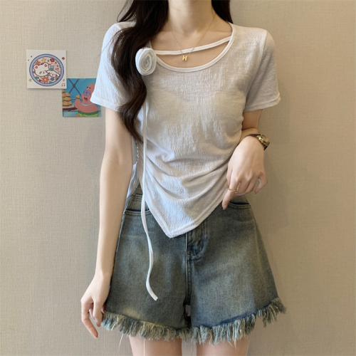 Actual shot ~ New pure desire French design short T-shirt for women three-dimensional rose drawstring waist short-sleeved top