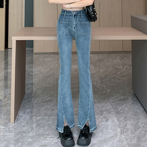 Real shot ~ Retro high-waisted slit micro-flare sweet and cool style pants for women slimming front pocket stretch jeans
