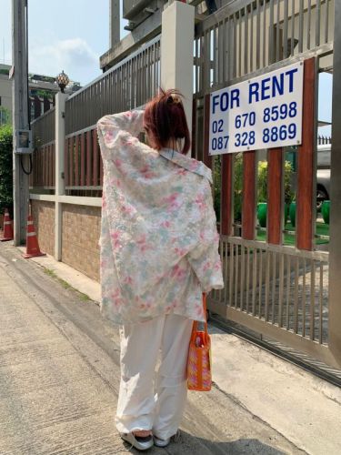 Real shot 2024~American fashionable three-dimensional floral print long-sleeved loose shirt with floral design sun protection