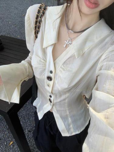 kumikumi法式喇叭长袖衬衫女早秋设计感小众绑带衬衣褶皱修身上衣