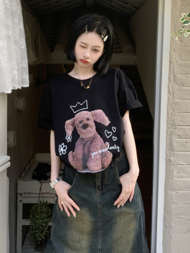 Real shot Korean version of ins cartoon bear print short-sleeved T-shirt loose and versatile casual top for women chic