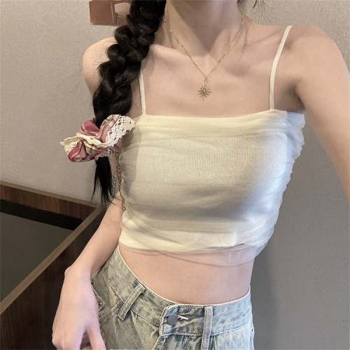 Real shot of Korean style gauze two-layer vest suspender summer fashion simple short suspender top for women