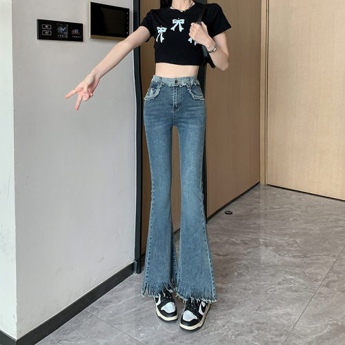 Actual shot ~ Blue tassel bootcut jeans for women, new spring style high-waisted slimming wide-leg pants