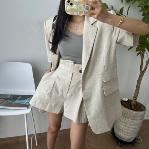 Original cotton and linen blazer women's suit + two-button waist wide-leg shorts suit