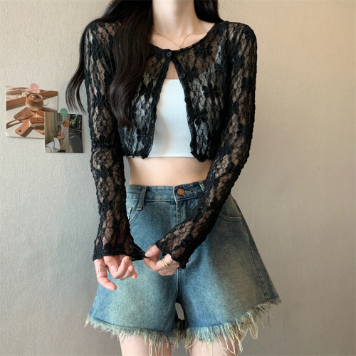 Real shot of white V-neck long-sleeved sun protection lace shirt pure desire see-through short style slimming outer cardigan top trendy