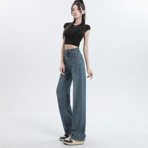 Actual shot of new spring wide-leg jeans, loose, high-waisted, versatile floor-length pants, slim straight-leg long pants