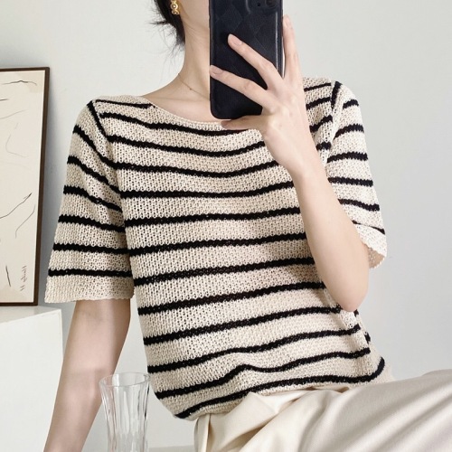 韩版夏季新款设计感镂空条纹短袖针织衫上衣洋气百搭显瘦