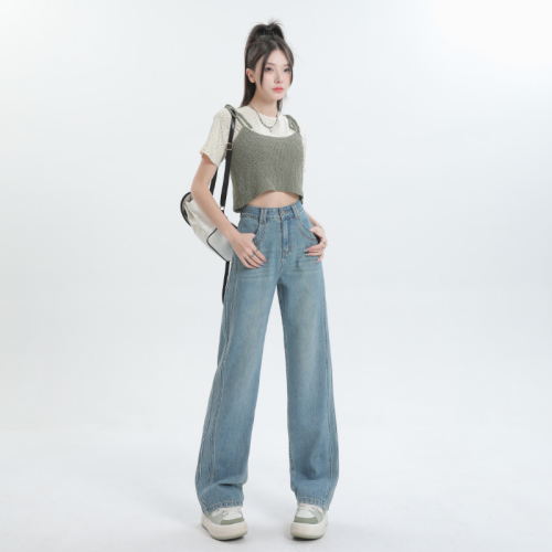 Actual shot of new spring wide-leg jeans, loose, high-waisted, versatile floor-length pants, slim straight-leg long pants