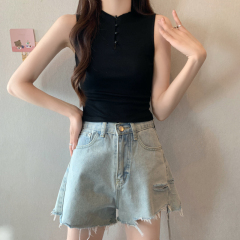 實拍 甜辣妹少女半高領無袖背心夏修身短款獨特打底上衣