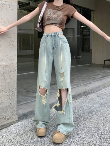 Actual shot of Korean-style temperament washed wide-leg jeans for women spring 2024 new design chic floor-length long pants