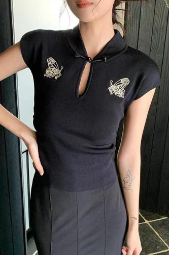 新中式蝴蝶刺绣半高领短袖T恤女修身显瘦高级感复古国风针织上衣