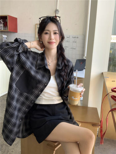 Actual shot ~ American retro plaid shirt for women, thin spring and autumn 2024 top, sun protection + pocket skirt suit