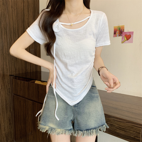 Actual shot ~ New pure desire French design short T-shirt for women three-dimensional rose drawstring waist short-sleeved top