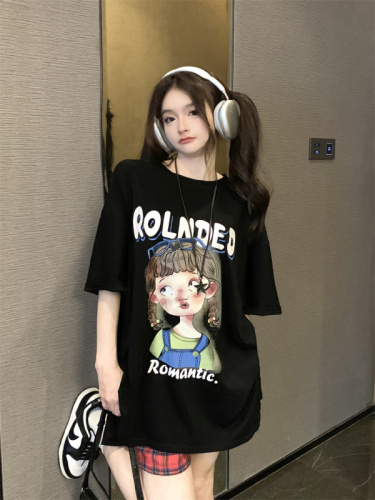 Real shot of little girl printed short-sleeved T-shirt for women in summer, irregular slimming round neck with Hong Kong style chic top