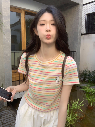 Real shot Korean color striped short-sleeved T-shirt summer contrast color simple slim slim short top for women