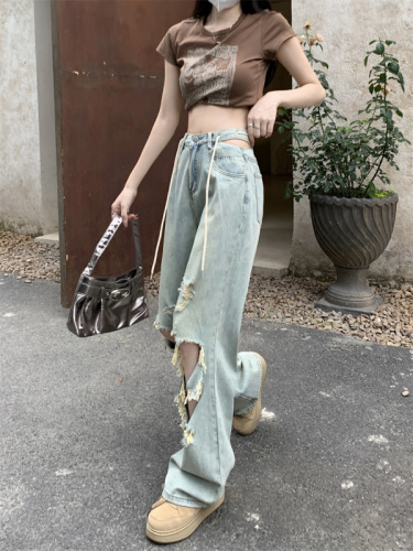 Actual shot of Korean-style temperament washed wide-leg jeans for women spring 2024 new design chic floor-length long pants